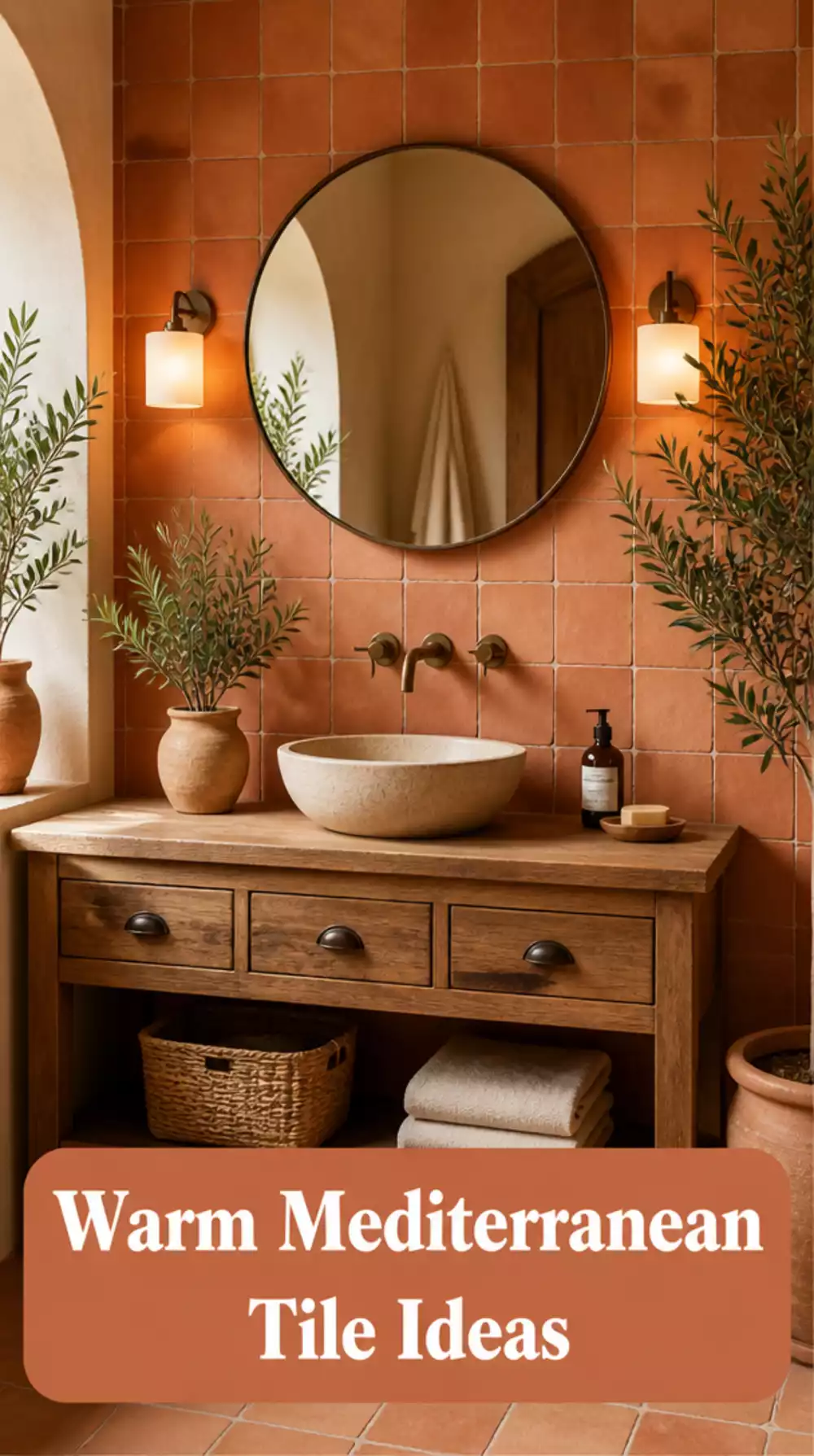 Bathroom Terracotta Square Tile Wall That Creates a Warm Mediterranean Feature