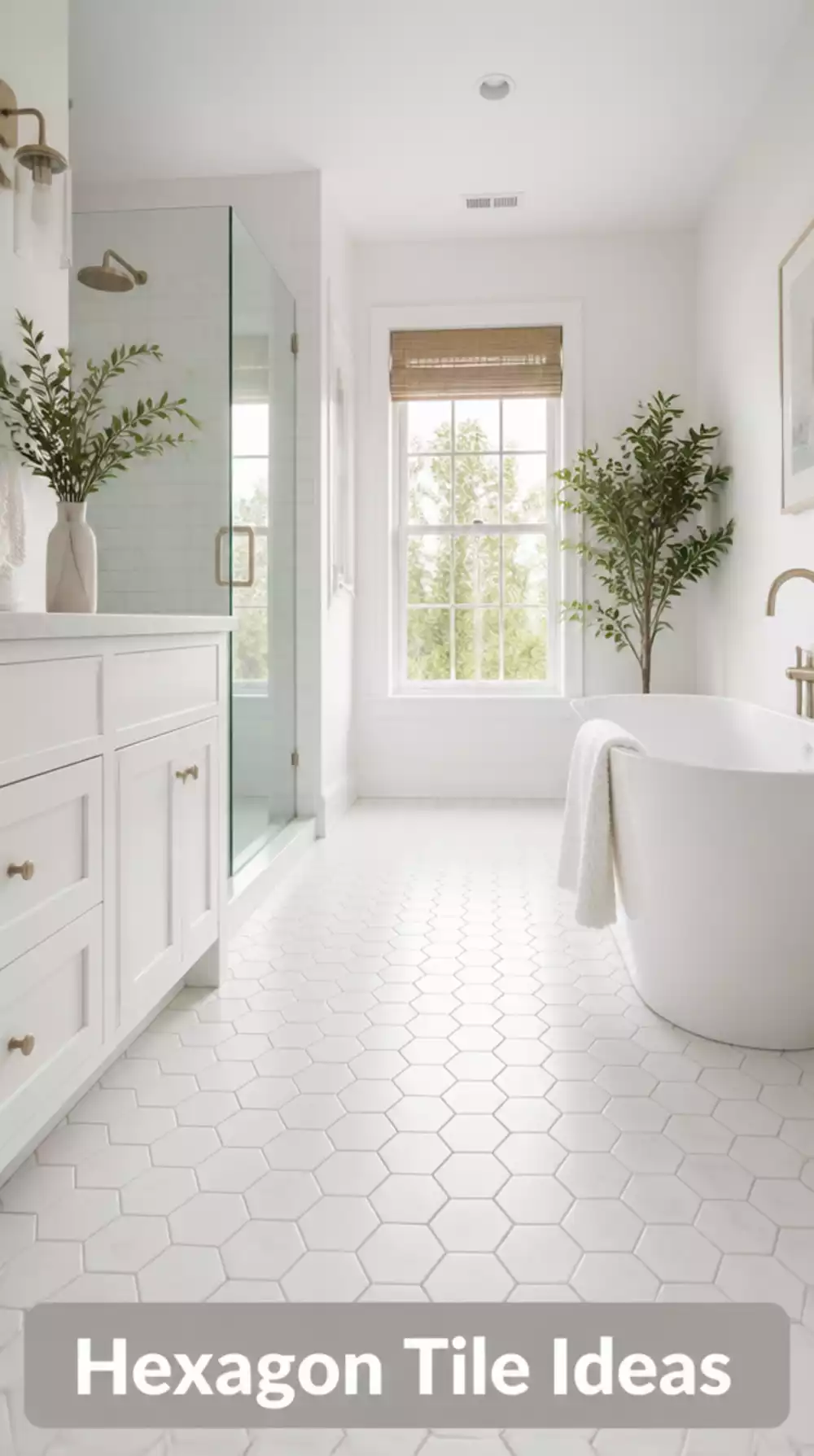 White Hexagon Floor Tile Ideas for Subtle Bathroom Pattern