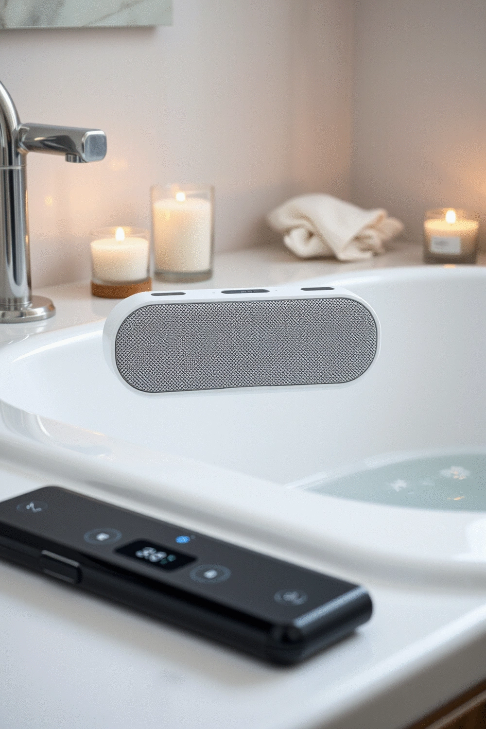 A close-up of a sleek, minimalist, water-resistant speaker placed on the edge of a luxurious bathtub, with soft, out-of-focus background elements like bath salts and candles, emphasizing product quality and durability.