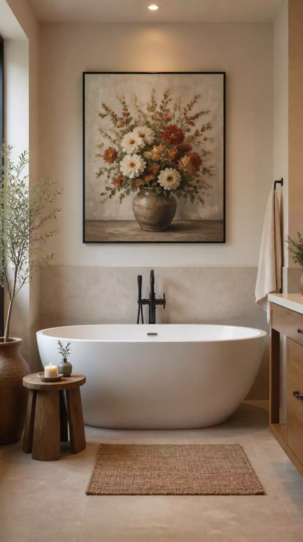 Bathroom Framed Art Print in a Thin Black Frame Above a Freestanding Tub