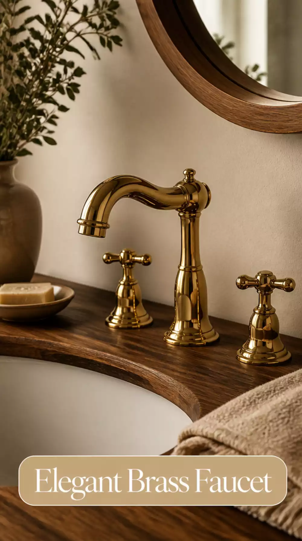 Bathroom Faucet in Polished Brass That Elevates a Wood Vanity Top