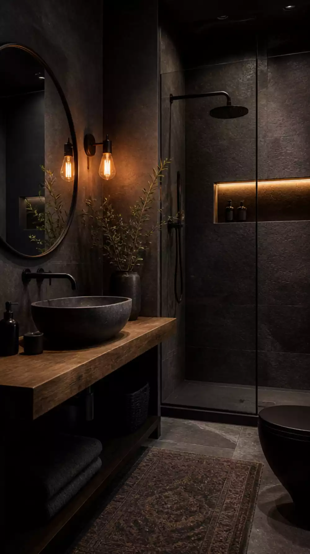 Dark Moody Bathroom with Charcoal Tile and a Warm Edison Bulb Sconce