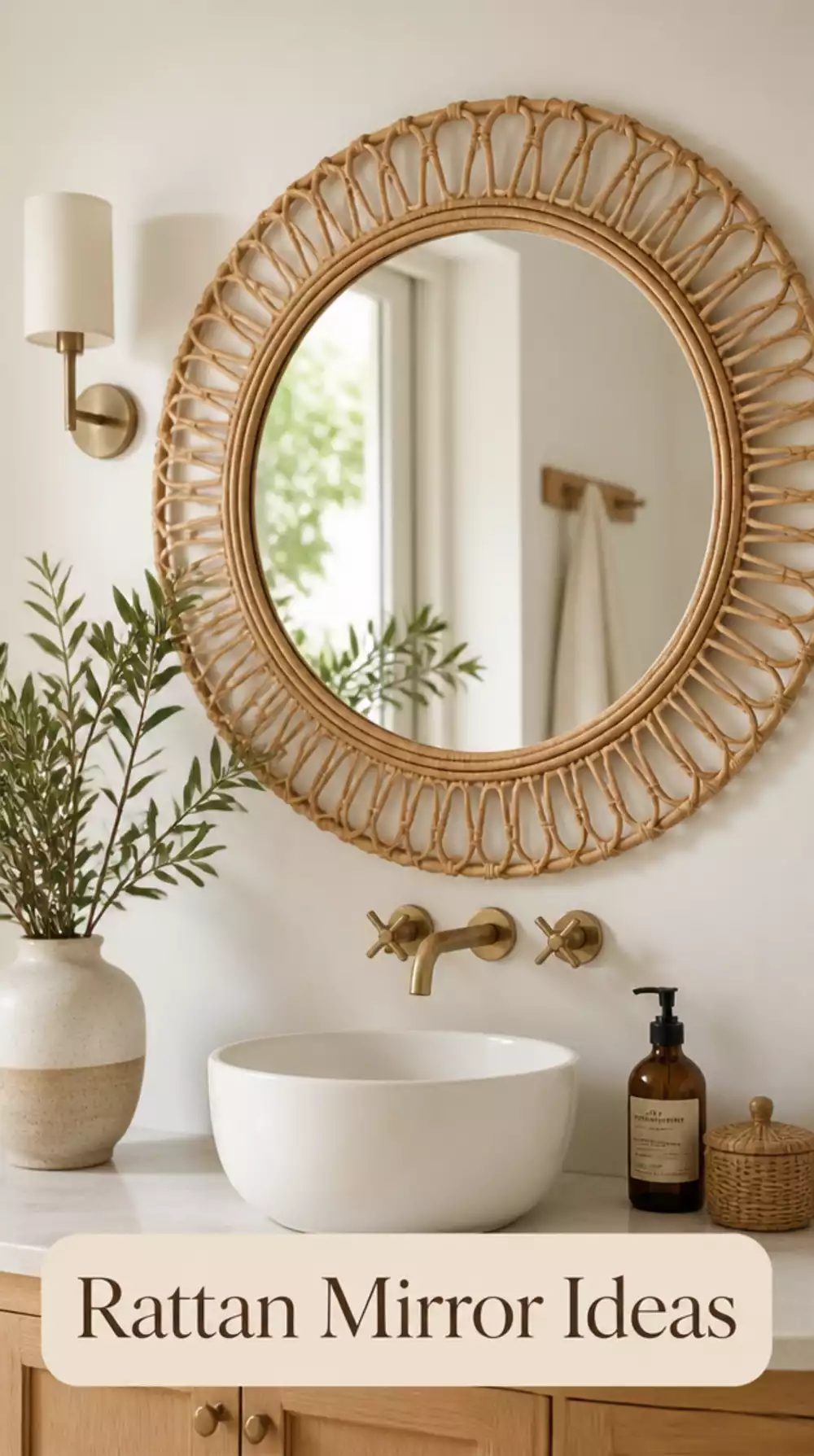 Bathroom Rattan Mirror Frame That Adds Organic Warmth to a White Room