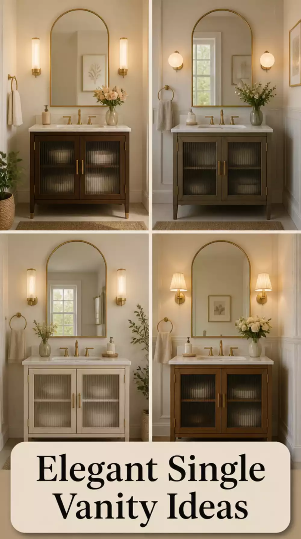 Bathroom Single Vanity with Smoked Glass Doors and Brass Pulls