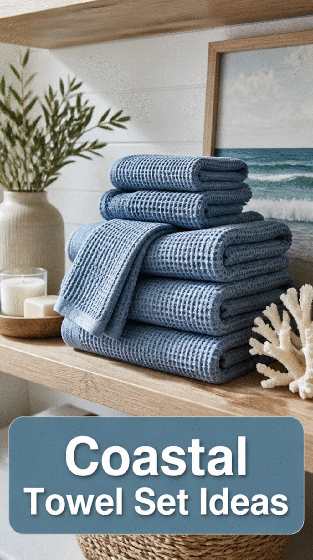Blue Bathroom Linen Waffle Towel Set in Dusty Denim for a Coastal Shelf