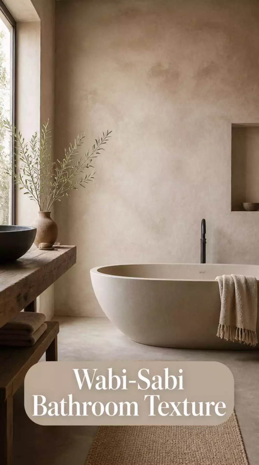Bathroom Raw Plaster Wall Finish That Gives a Japandi Wabi-Sabi Texture
