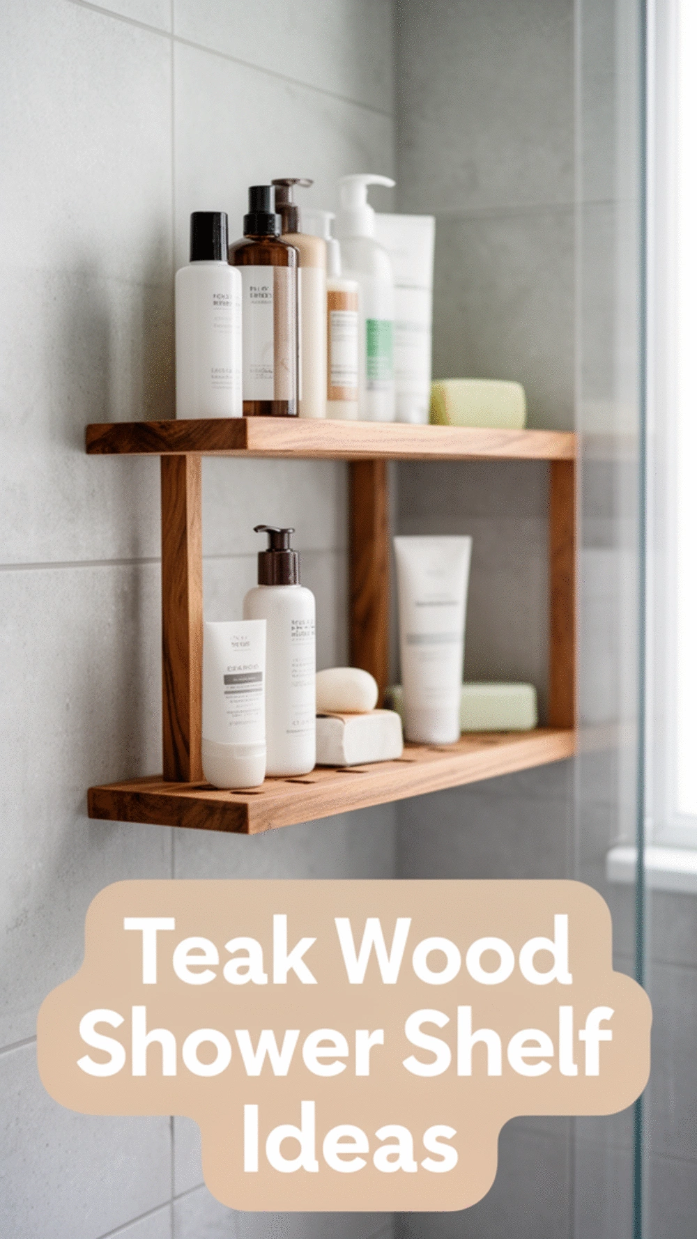 Bathroom Teak Wood Shower Shelf That Keeps Products Neatly Displayed