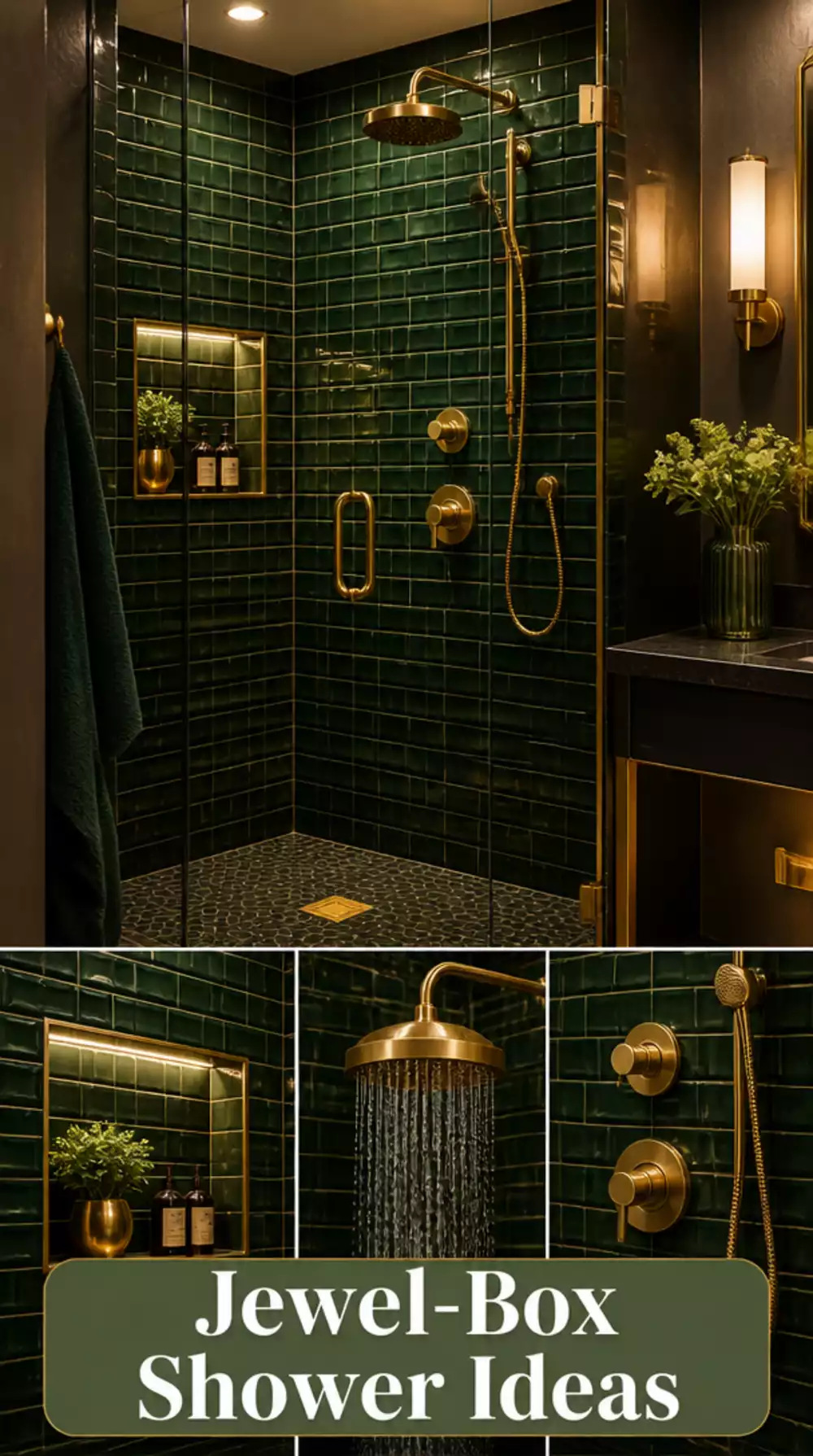 Bathroom Forest Green Bevelled Tile in a Running Bond for a Jewel-Box Shower