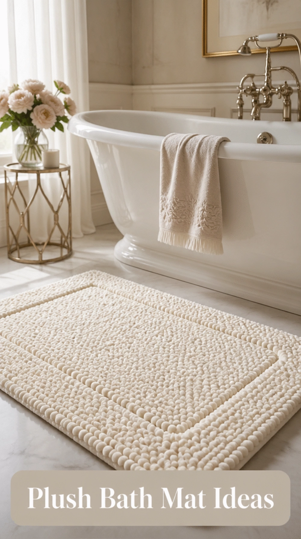 Plush Bathroom Bath Mat in Thick Ivory Chenille for a Cozy Underfoot Feel