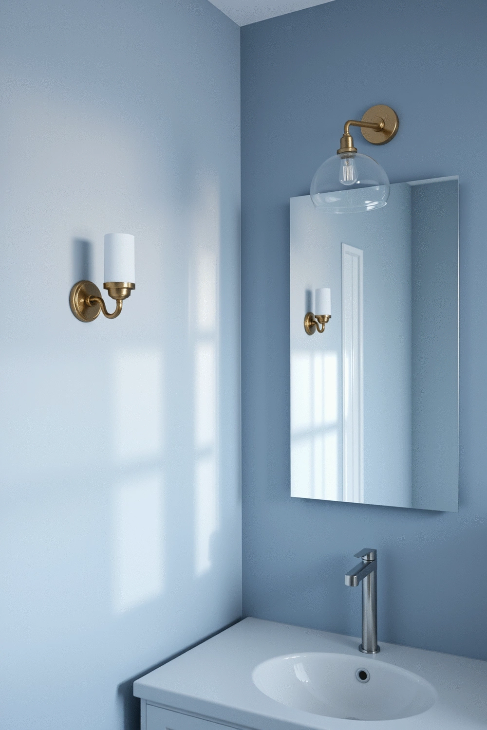 Elegant bathroom interior showcasing soft, natural light enhancing a gentle blue color scheme, with a focus on a strategically placed sconce and a dimmable light fixture