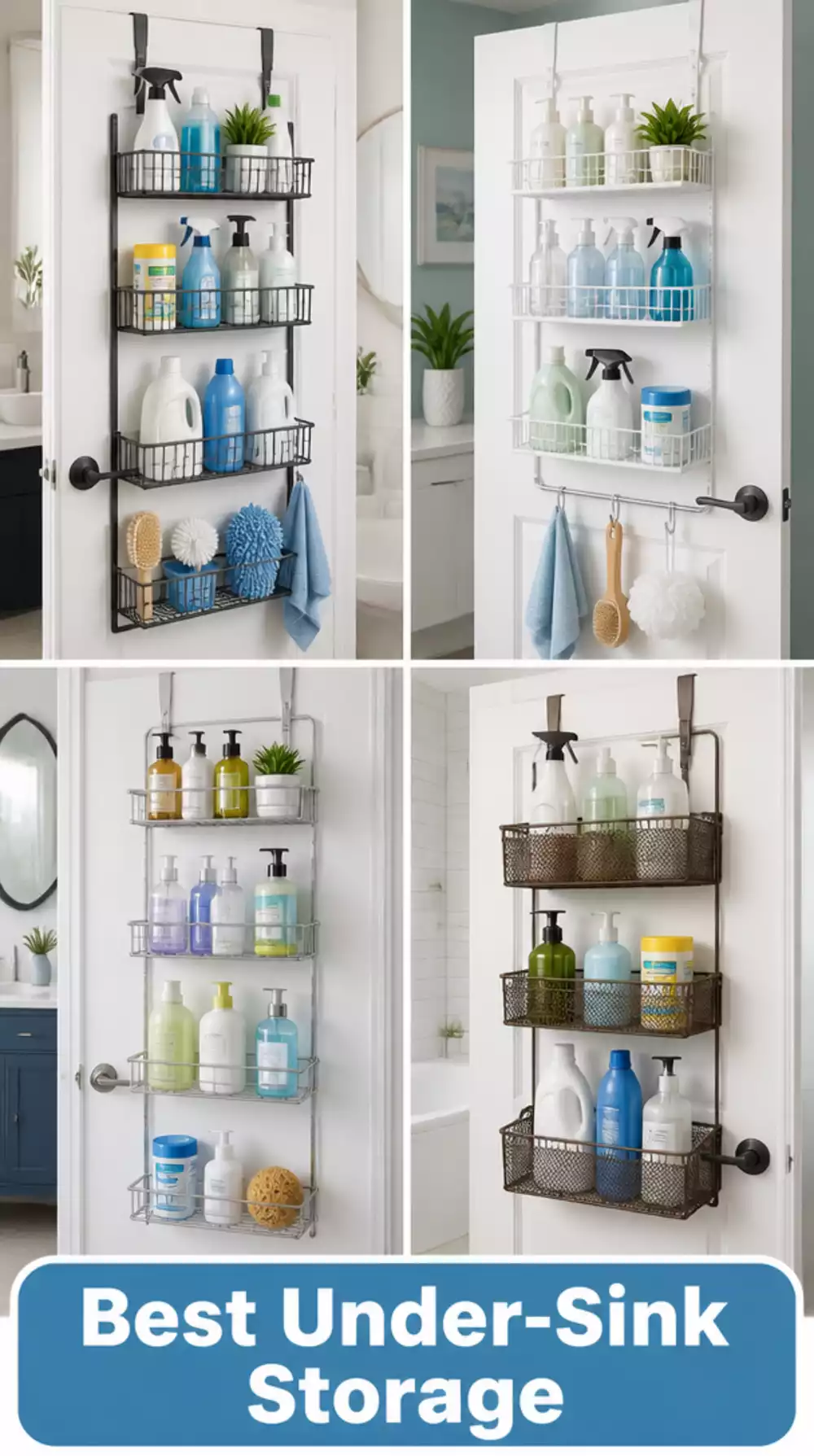 Bathroom Under-Sink Door-Mounted Rack That Uses the Cabinet Door for Storage