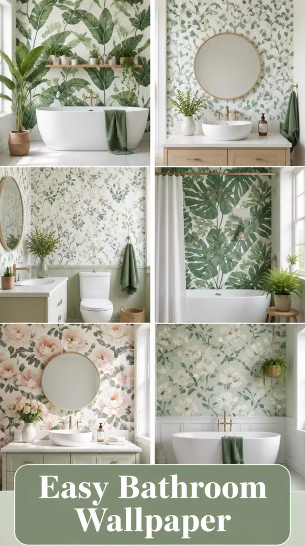 Bathroom Peel-and-Stick Removable Wallpaper in a Botanical Print Pattern