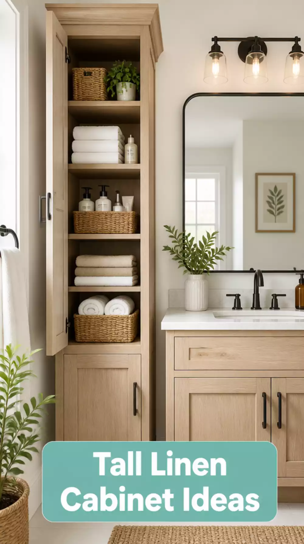 Bathroom Tall Linen Cabinet Beside a Vanity That Uses Unused Vertical Wall Space