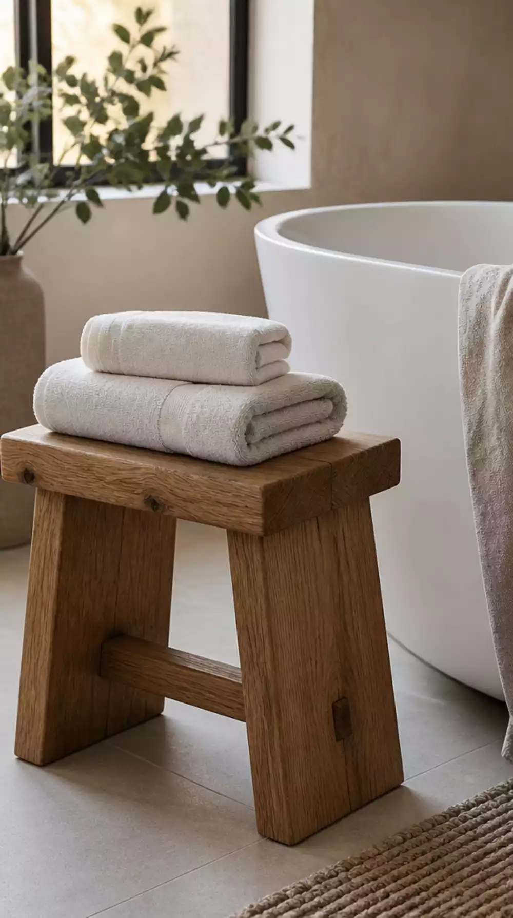 Bathroom Wooden Stool in Solid Oak That Holds Towels Beside a Soaking Tub