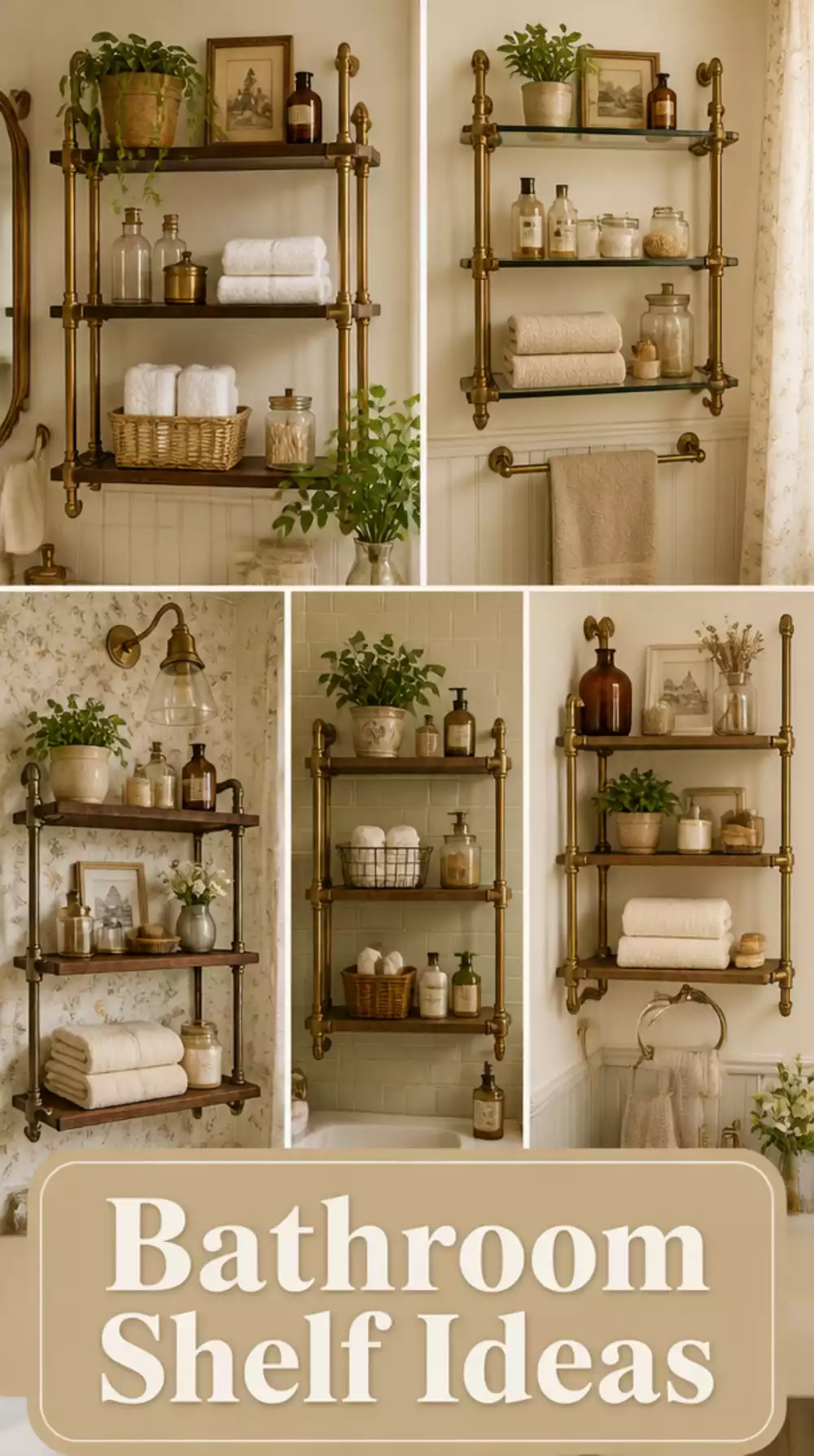 Vintage Bathroom Exposed Brass Pipe Shelf That Holds Towels and Toiletries