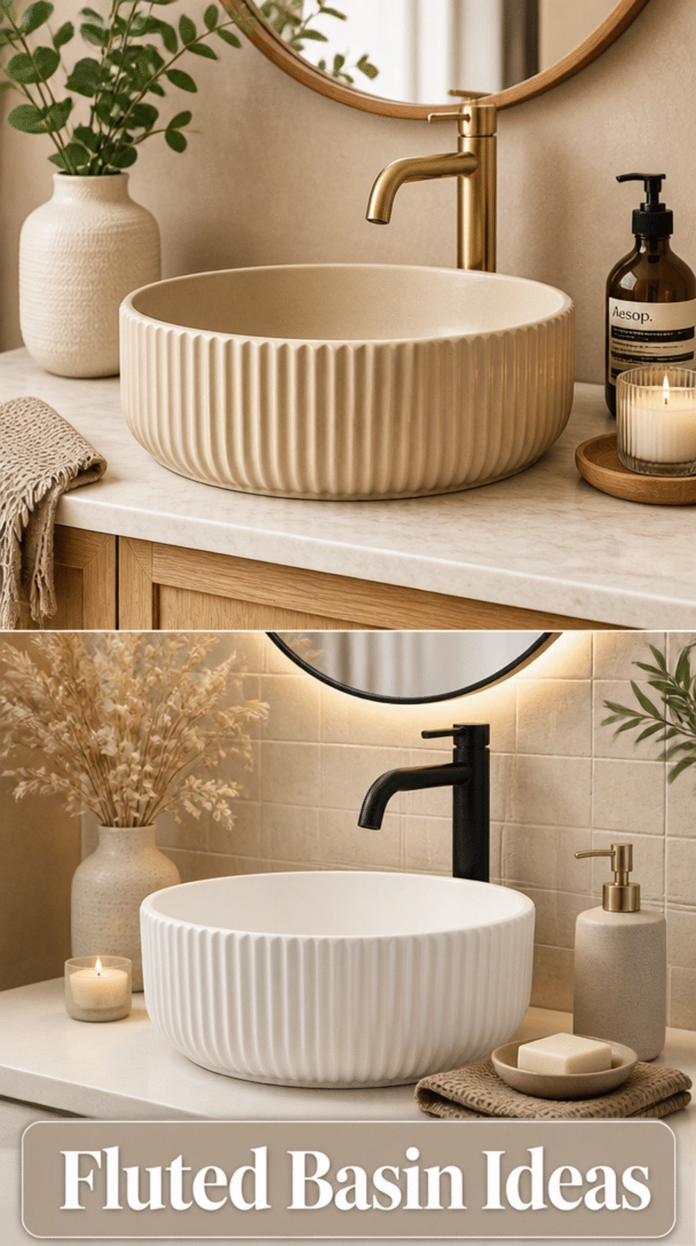 Bathroom Fluted Ceramic Basin That Adds Texture to an Otherwise Plain Vanity