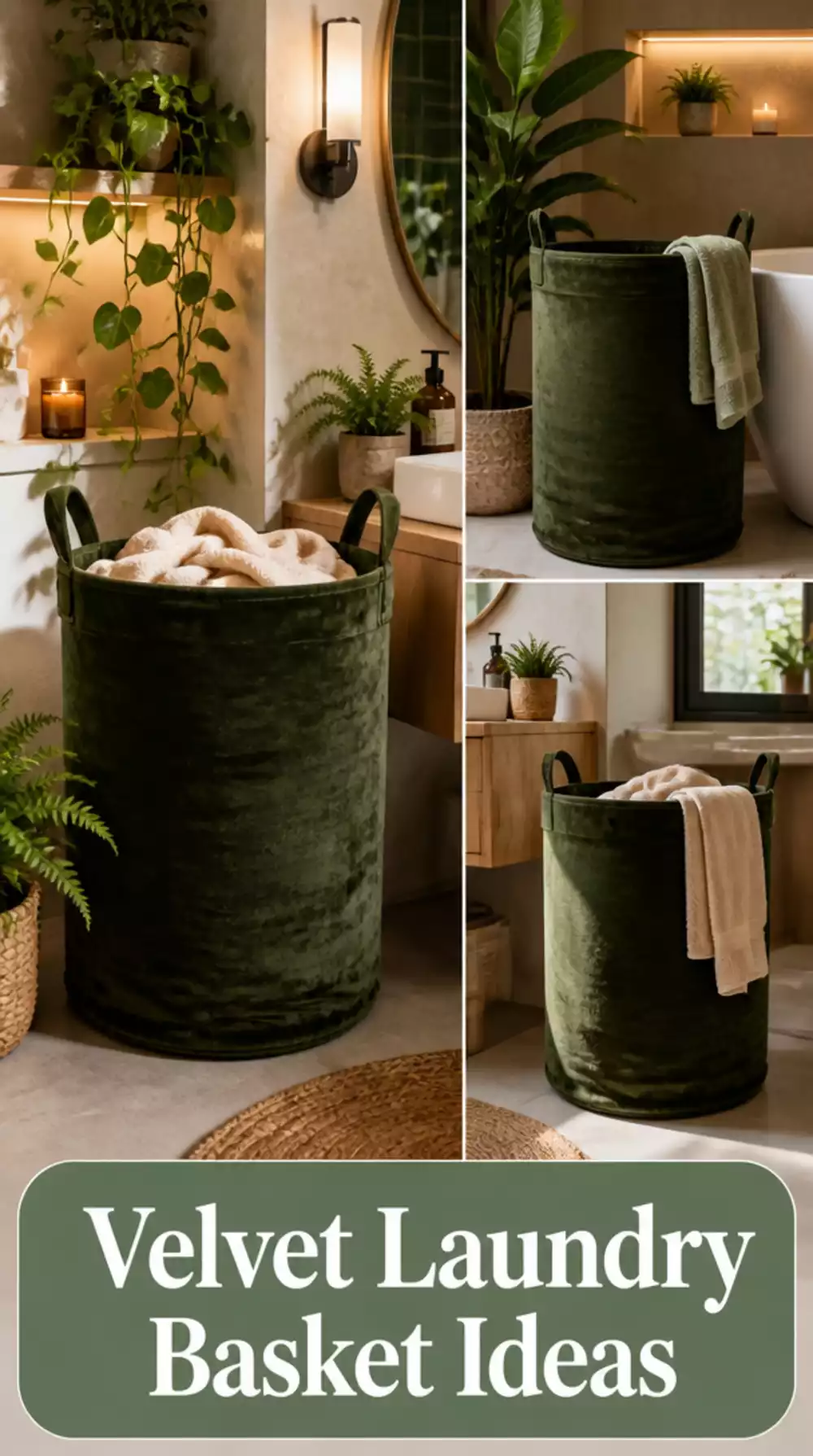 Bathroom Dark Green Velvet Laundry Basket That Grounds an Earthy Moody Scheme