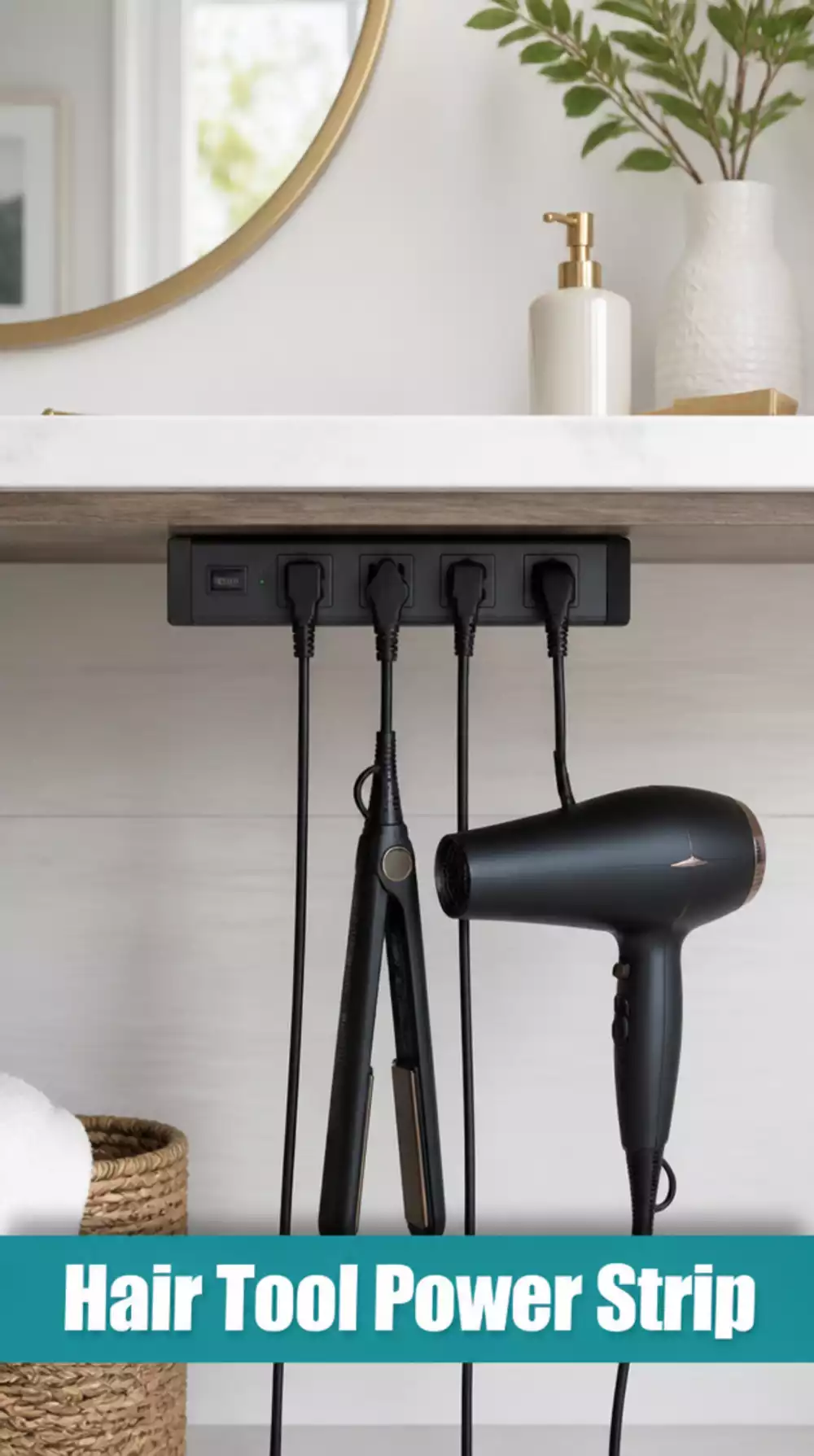 Bathroom Hair Tool Power Strip with USB Ports That Mounts Under a Vanity Shelf