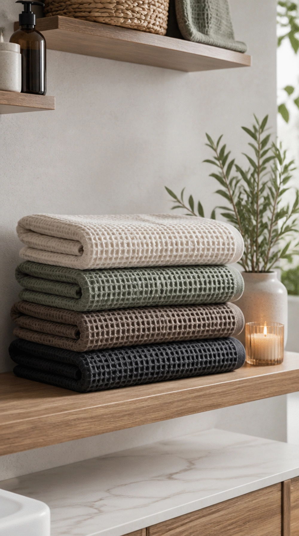 Bathroom Cotton Waffle Towel Set That Makes a Plain Shelf Look Editorial