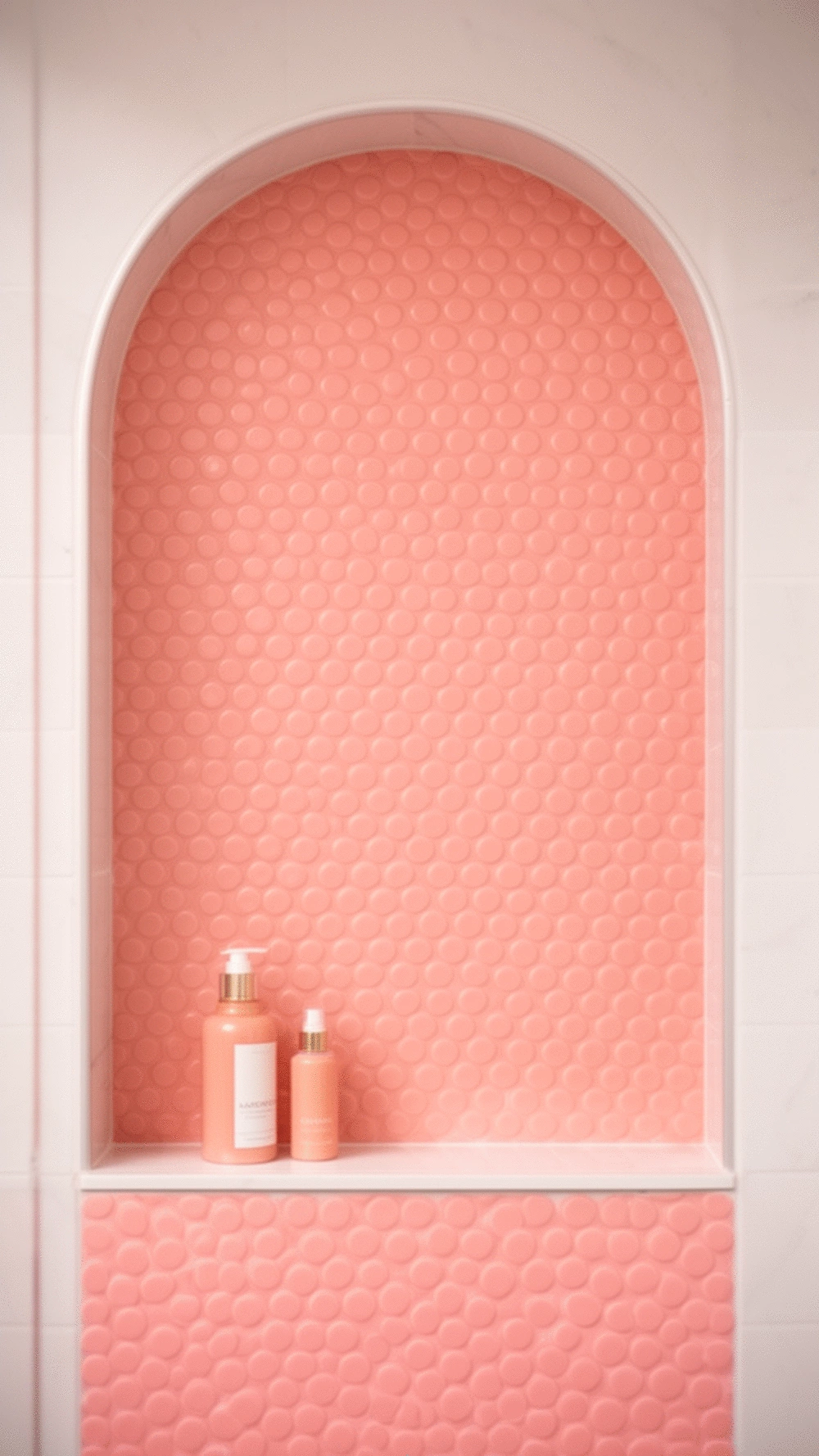 Bathroom Arched Pink Penny Tile Shower Niche for a Cute Detail