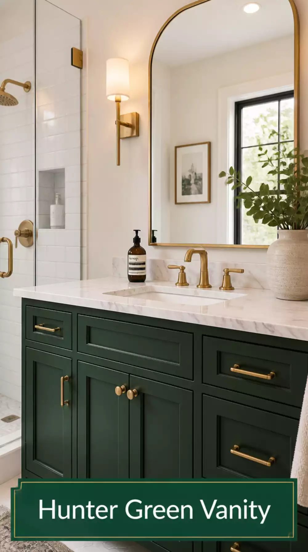Hunter Green Vanity with White Marble Countertop