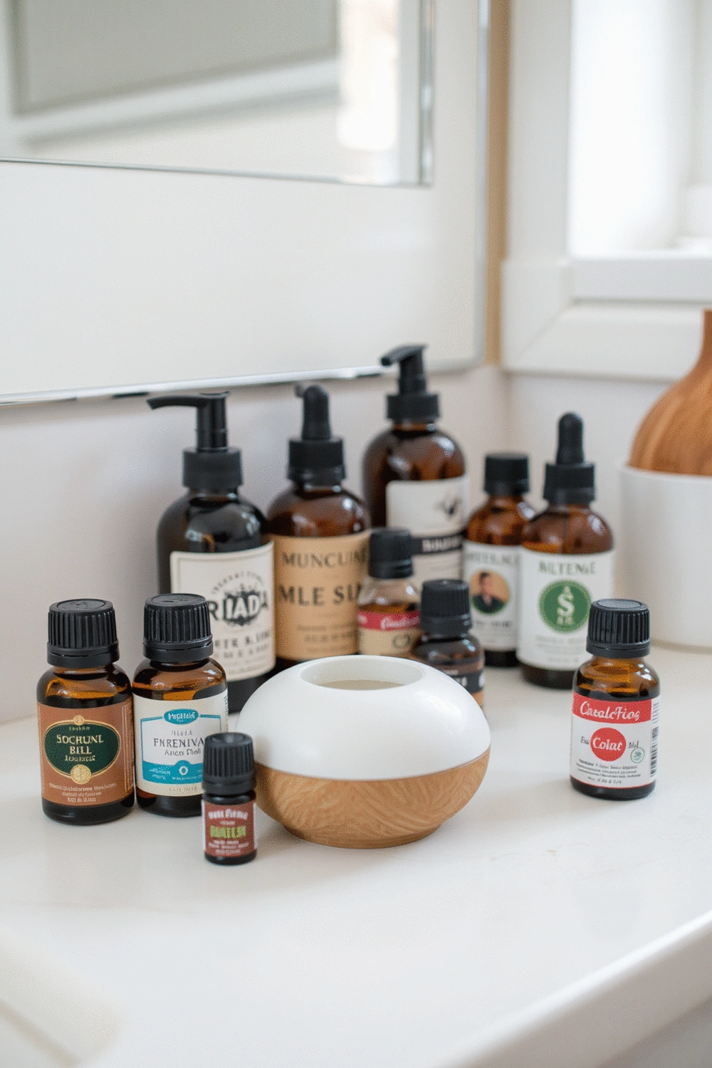 A collection of essential oil bottles with various labels and a small ceramic diffuser on a clean, light-colored bathroom counter.