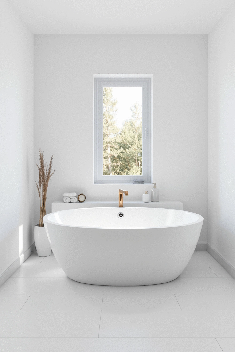 Modern bathroom with a freestanding tub as a focal point, surrounded by subtle decor