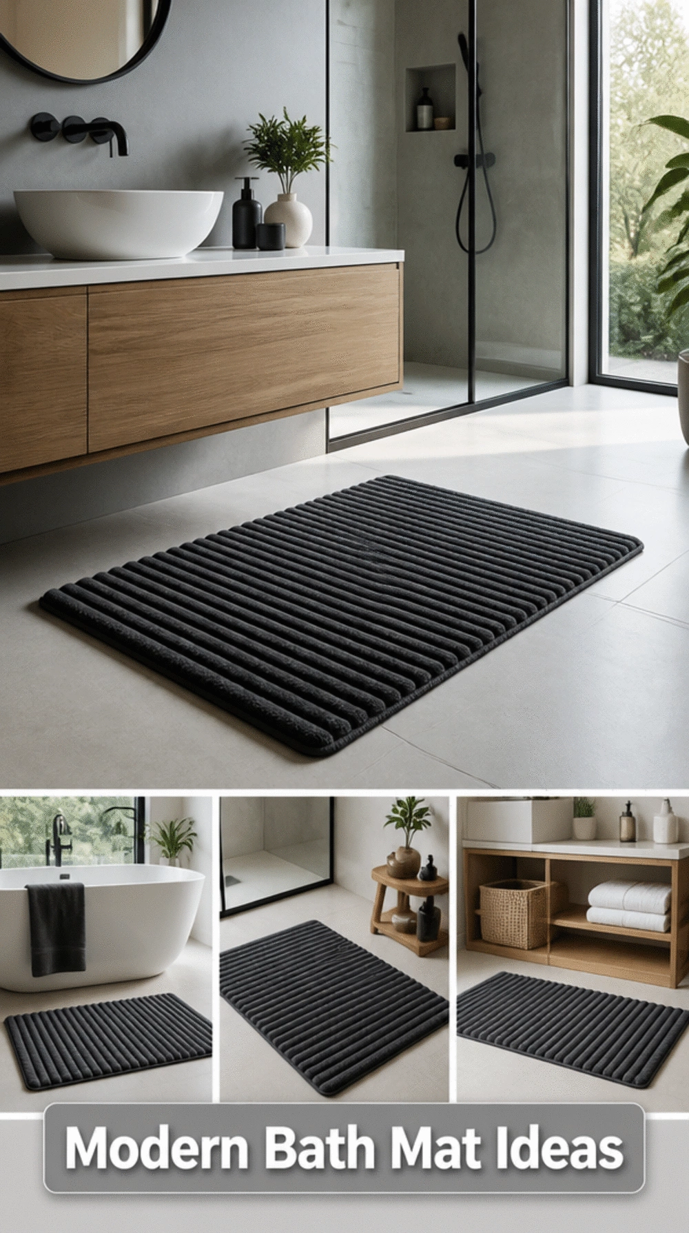 Bathroom Non-Slip Ribbed Cotton Bath Mat in Charcoal for a Modern Minimal Look