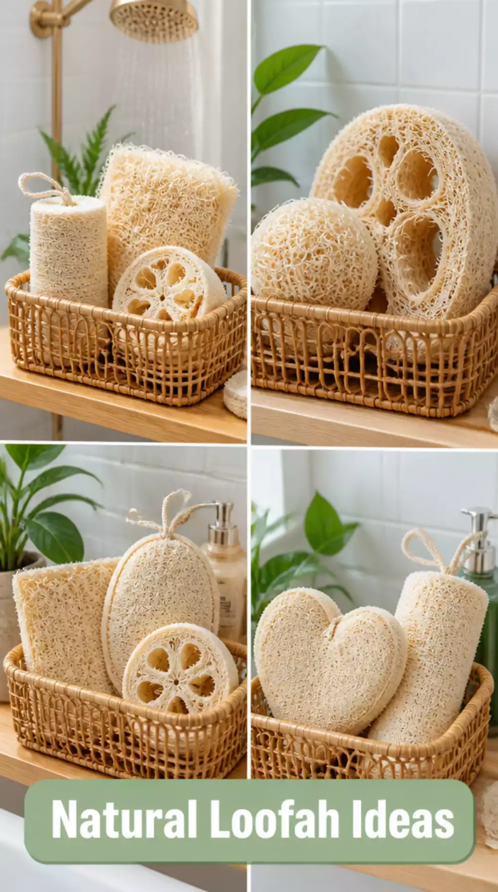 Bathroom Natural Loofah Set in a Rattan Caddy for a Zero-Waste Shower