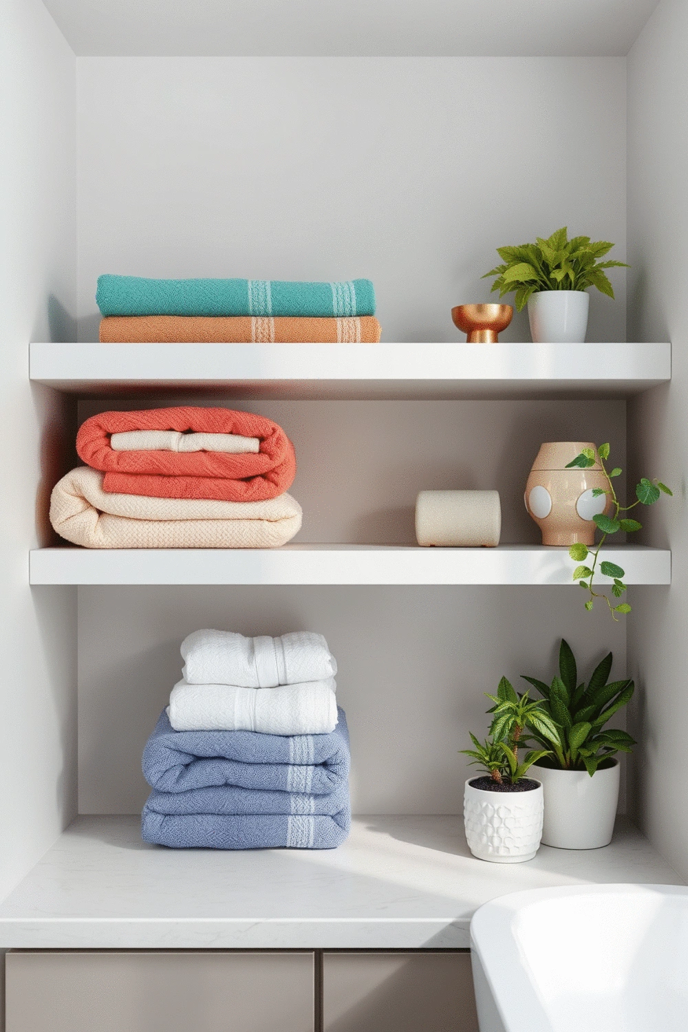 Open bathroom shelves with neatly folded colorful towels, decorative aromatherapy diffusers, and small potted green plants, clean background, no clutter, no text, no words, no typography, no labels, clean image, no humans, no people, no hands, no body parts