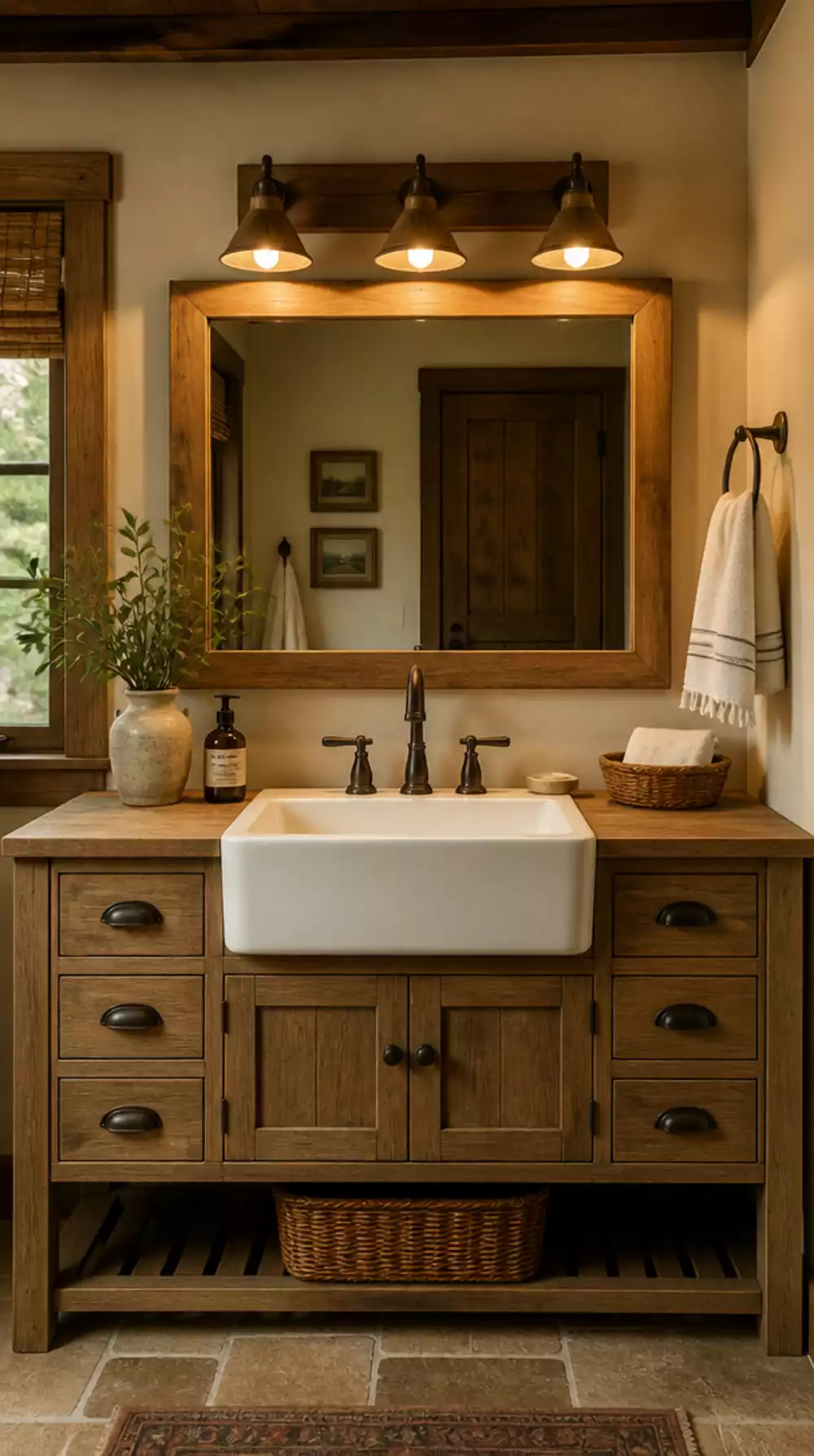Rustic Bathroom Wood Vanity with a Farmhouse Apron-Style Ceramic Sink