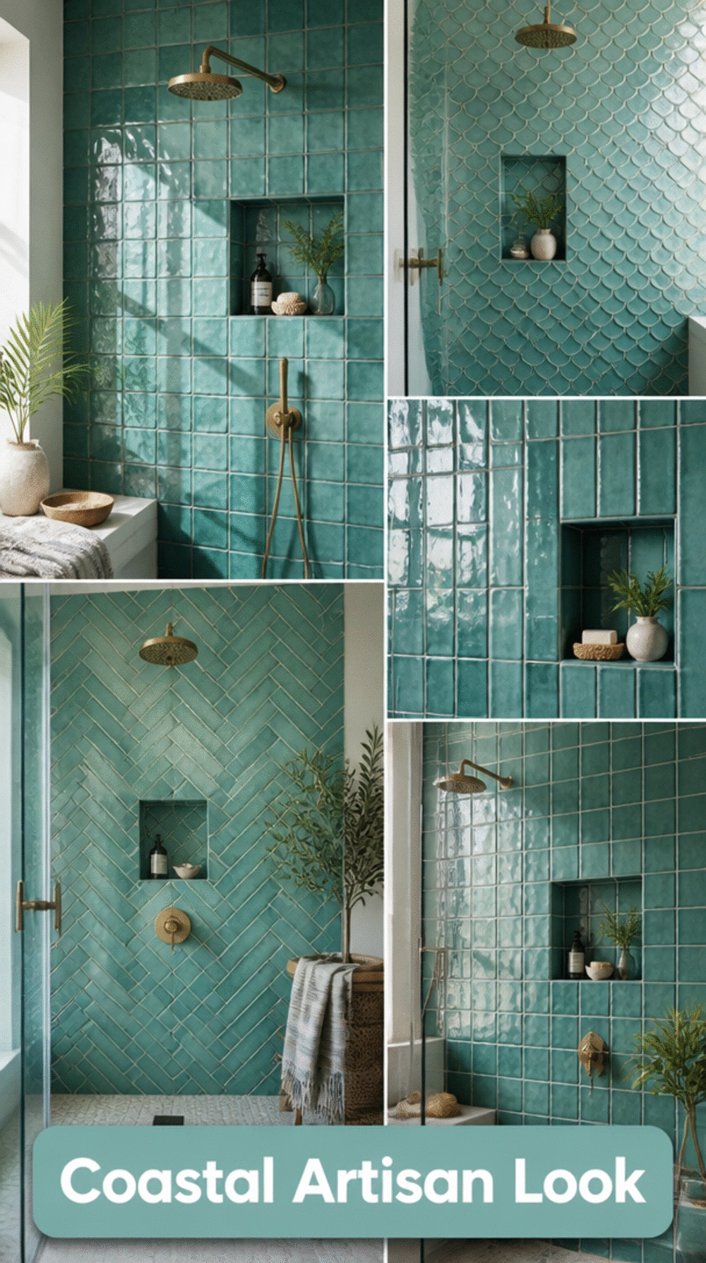 Bathroom Teal Zellige Tile Shower Wall for a Coastal Artisan Look