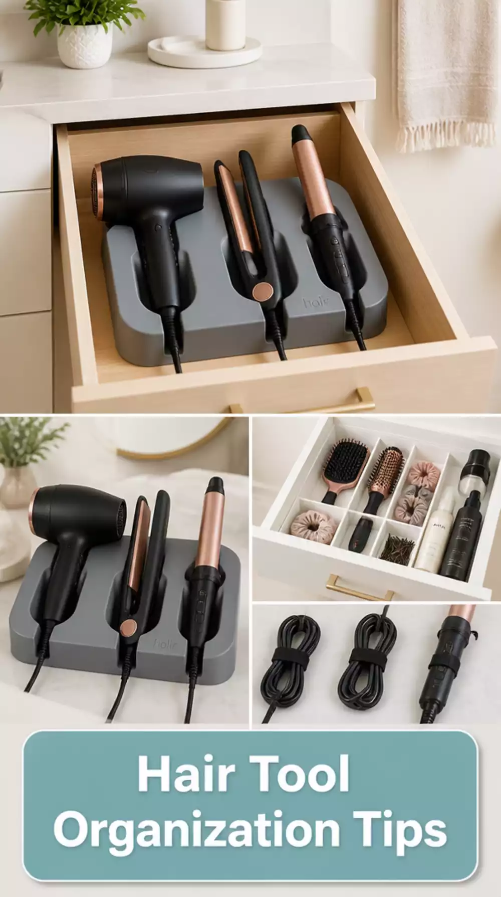 Bathroom Drawer Hair Tool Dock with Cord Slot That Organises Three Tools at Once