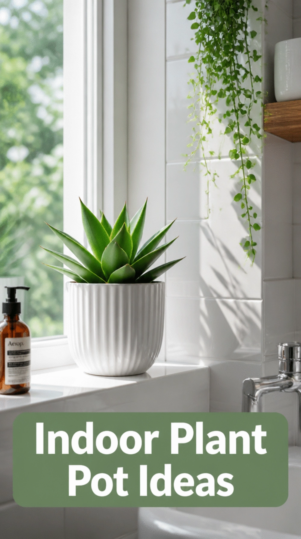 Bathroom Indoor Plant Pot in a White Ceramic for a Shelf or Window Ledge