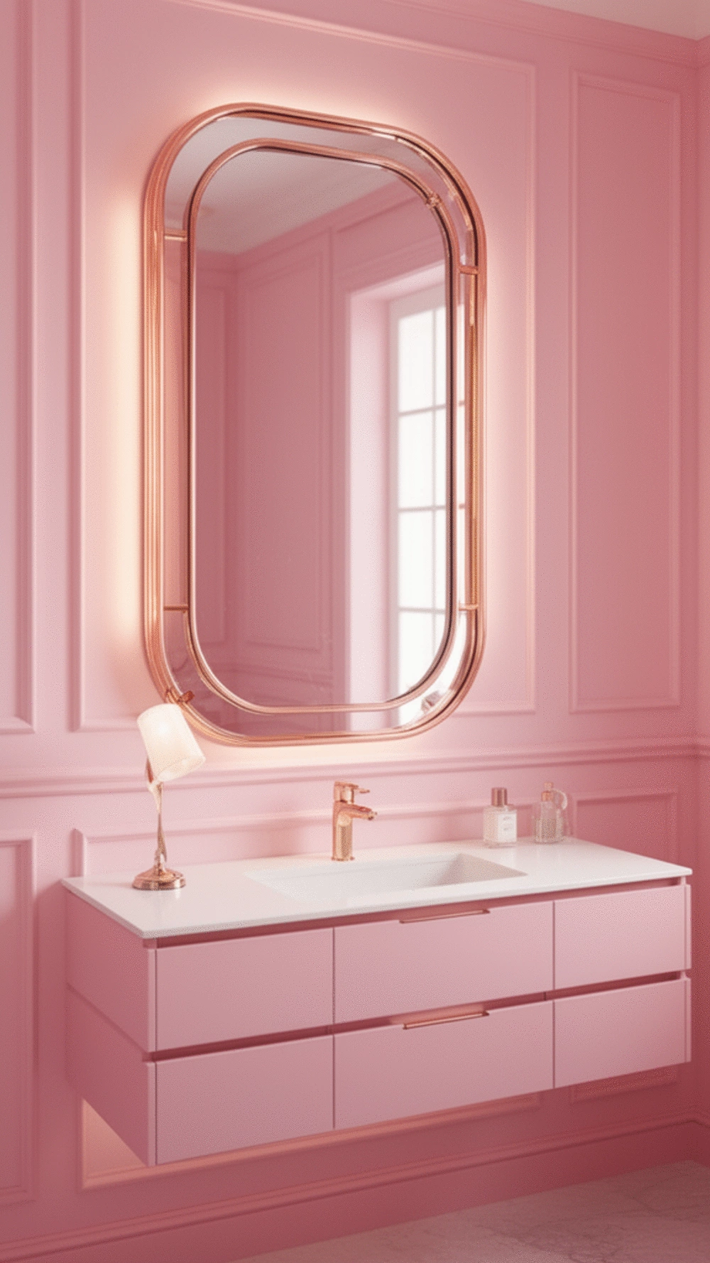 Pink Bathroom Vanity Mirror with a Warm Rose Gold Frame