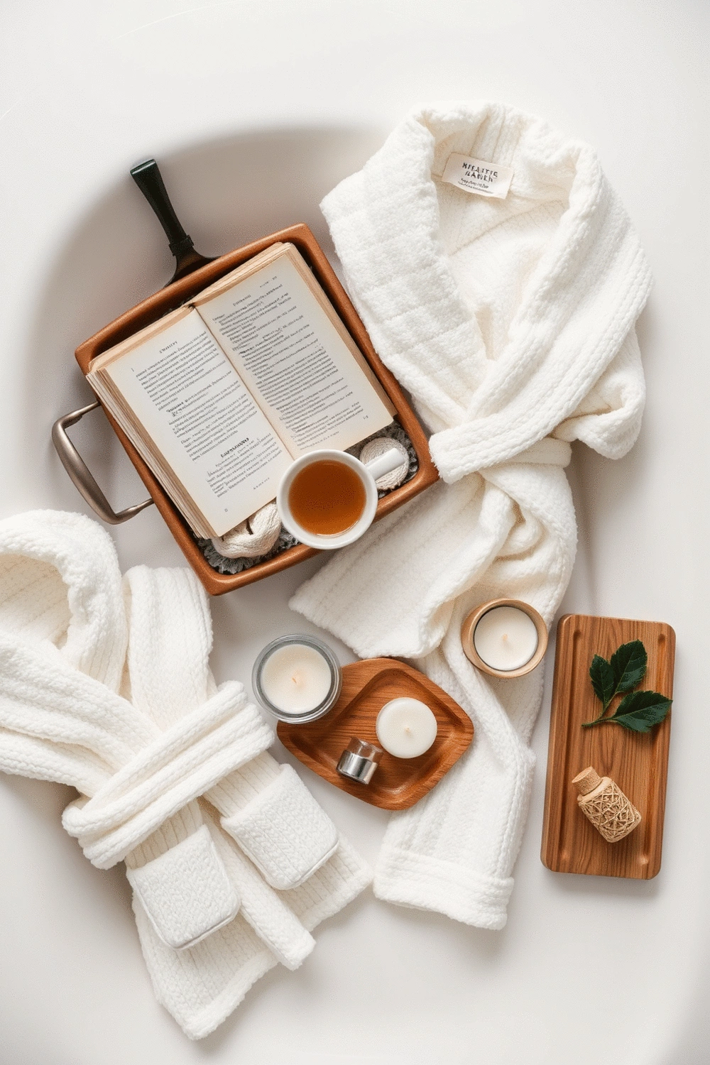 Assortment of spa-inspired bathroom accessories, plush towels, and essential oils