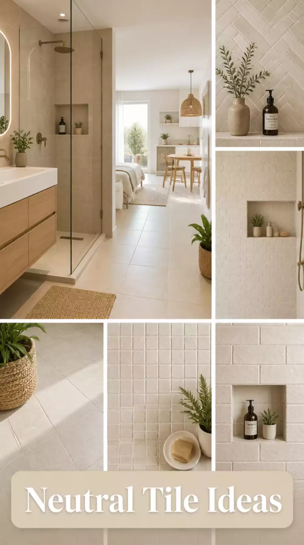 Small Studio Bathroom Neutral Tile That Reads as Continuous with the Main Room