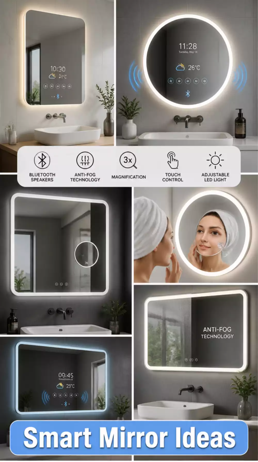 Bathroom Smart Mirror with Built-In LED Display and Bluetooth Speaker