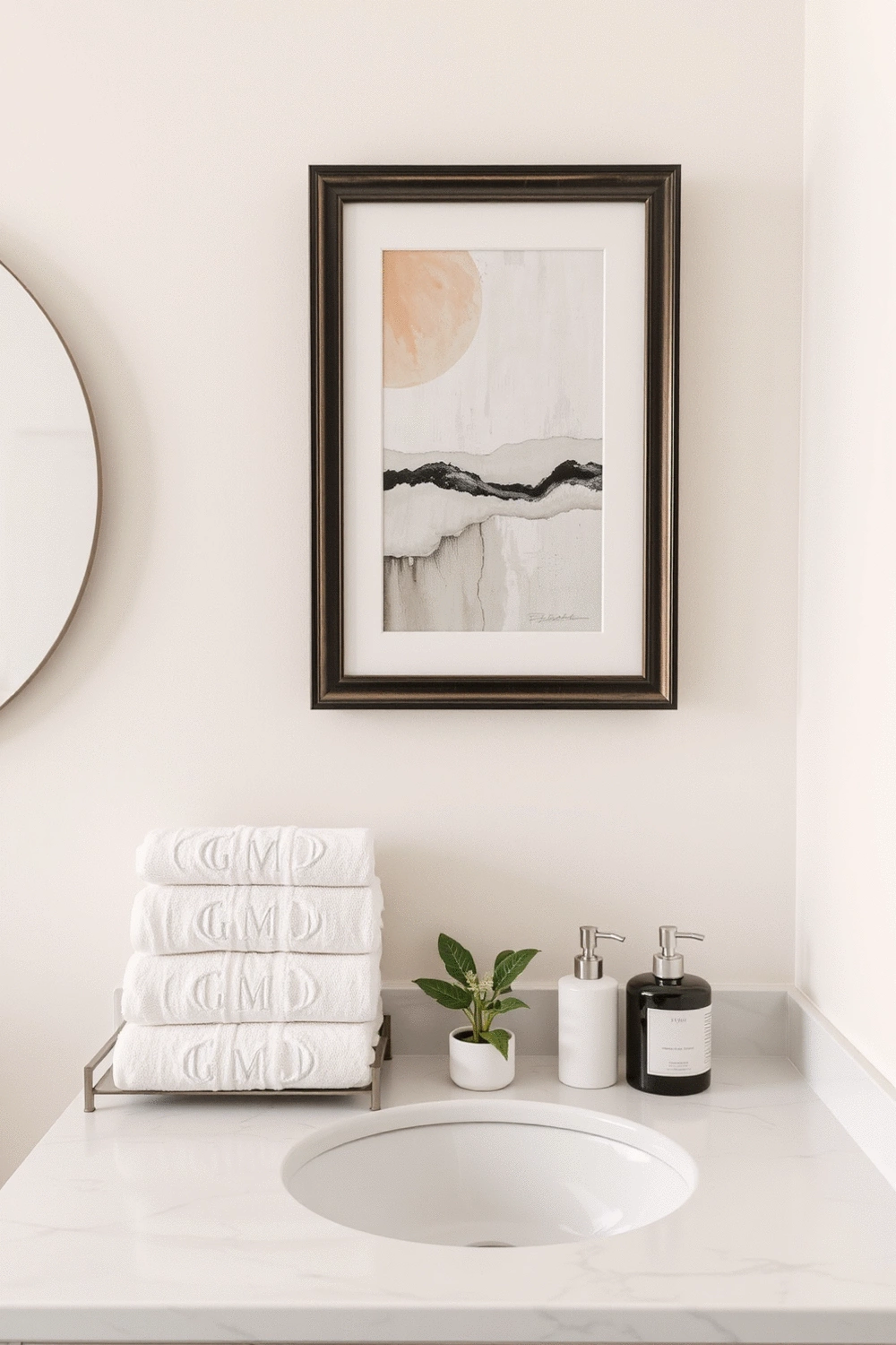 Bathroom vanity with framed artwork, monogrammed towels, and a small decorative plant