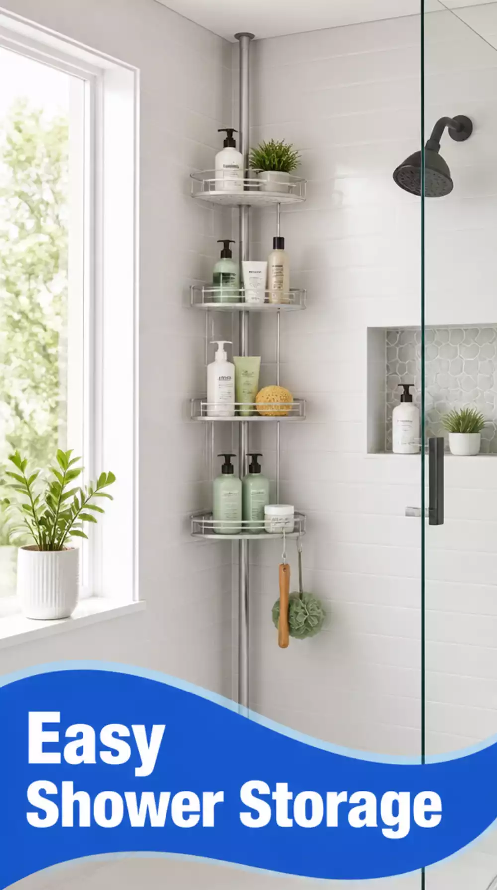Bathroom Tension Pole Shower Caddy That Stores Products Without Suction