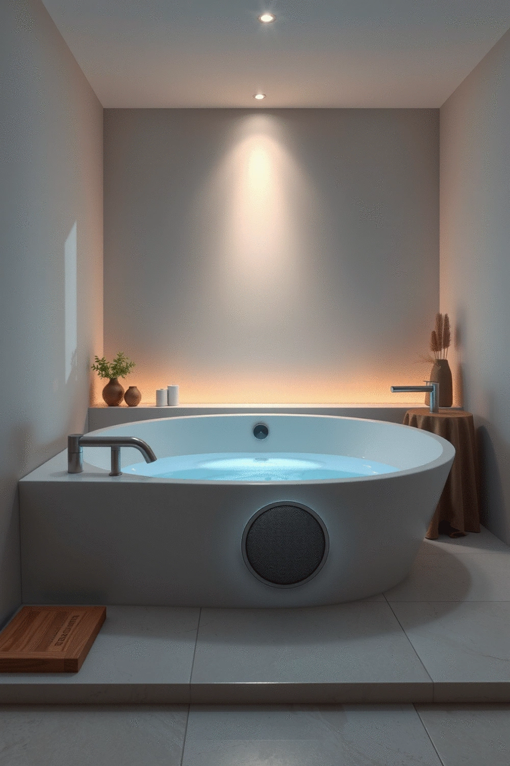 Modern bathroom with a sleek, water-resistant speaker subtly integrated into the decor, soft ambient lighting, and a luxurious bathtub filled with water, suggesting a peaceful, sound-enhanced relaxation space.