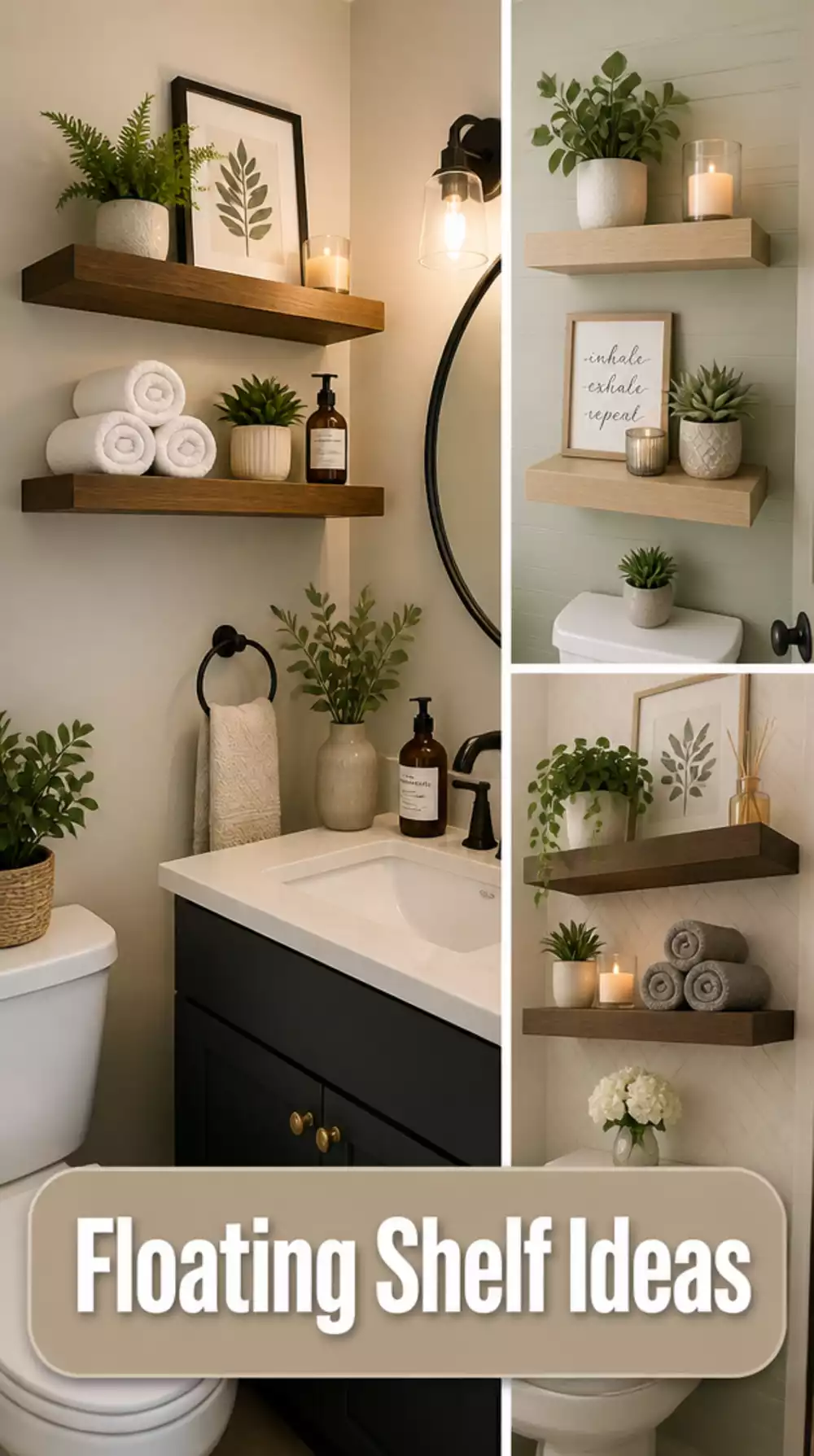Powder Room Open Floating Shelf That Holds Hand Towels and Display Decor