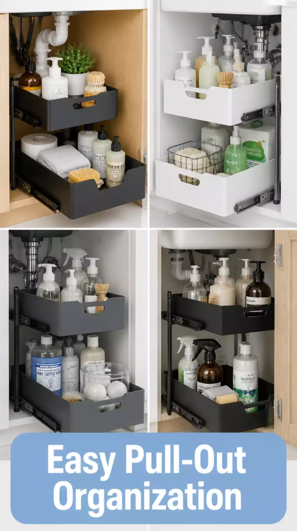 Under-Sink Bathroom Pull-Out Drawer Bin That Slides Around Cabinet Pipes