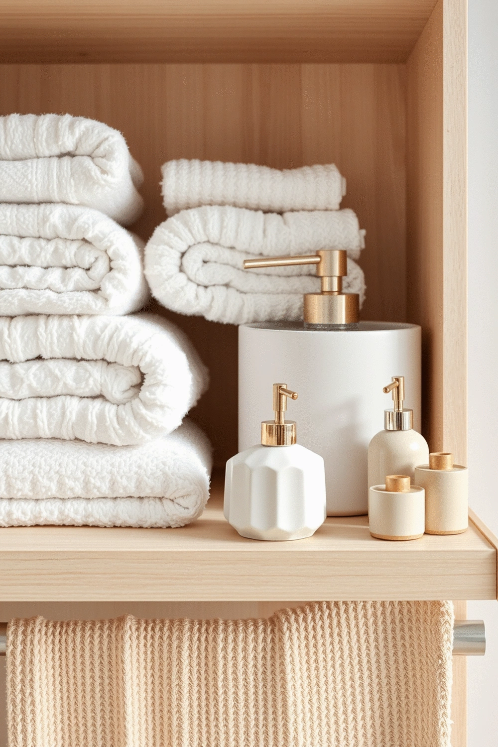 Various textured bathroom accessories like fluffy towels, woven rugs, and decorative ceramic items in a cohesive color palette, artfully arranged on a shelf.