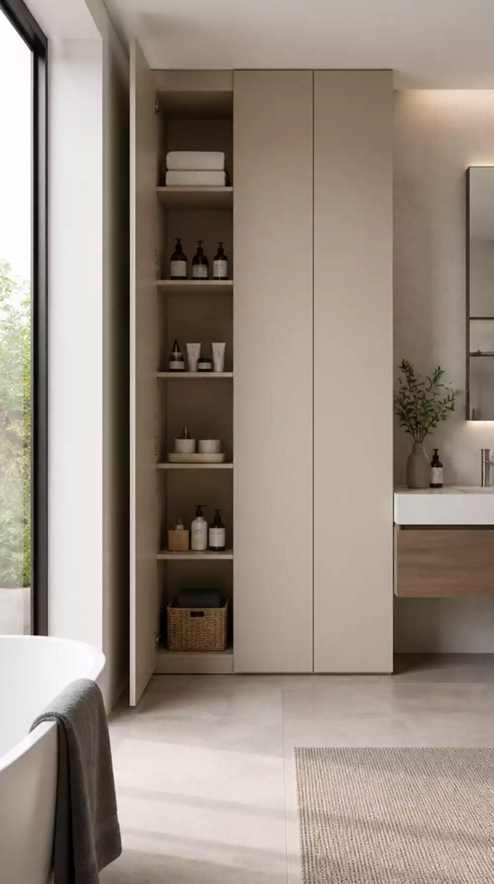 Bathroom Full-Height Vanity Unit with Floor-to-Ceiling Doors for Hidden Storage