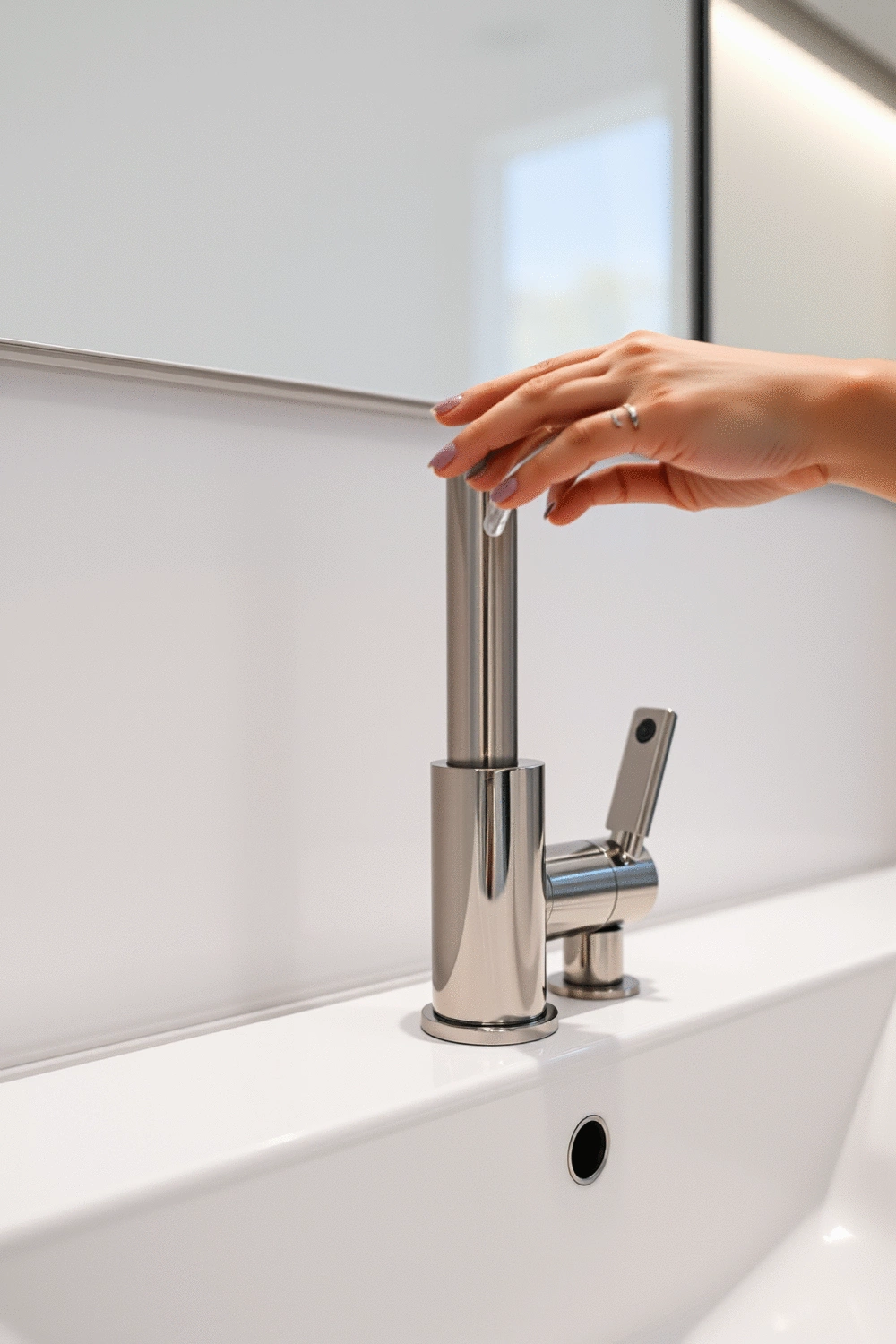 A close-up of a sleek, modern, touchless faucet in a smart bathroom, highlighting hygiene and water efficiency features.