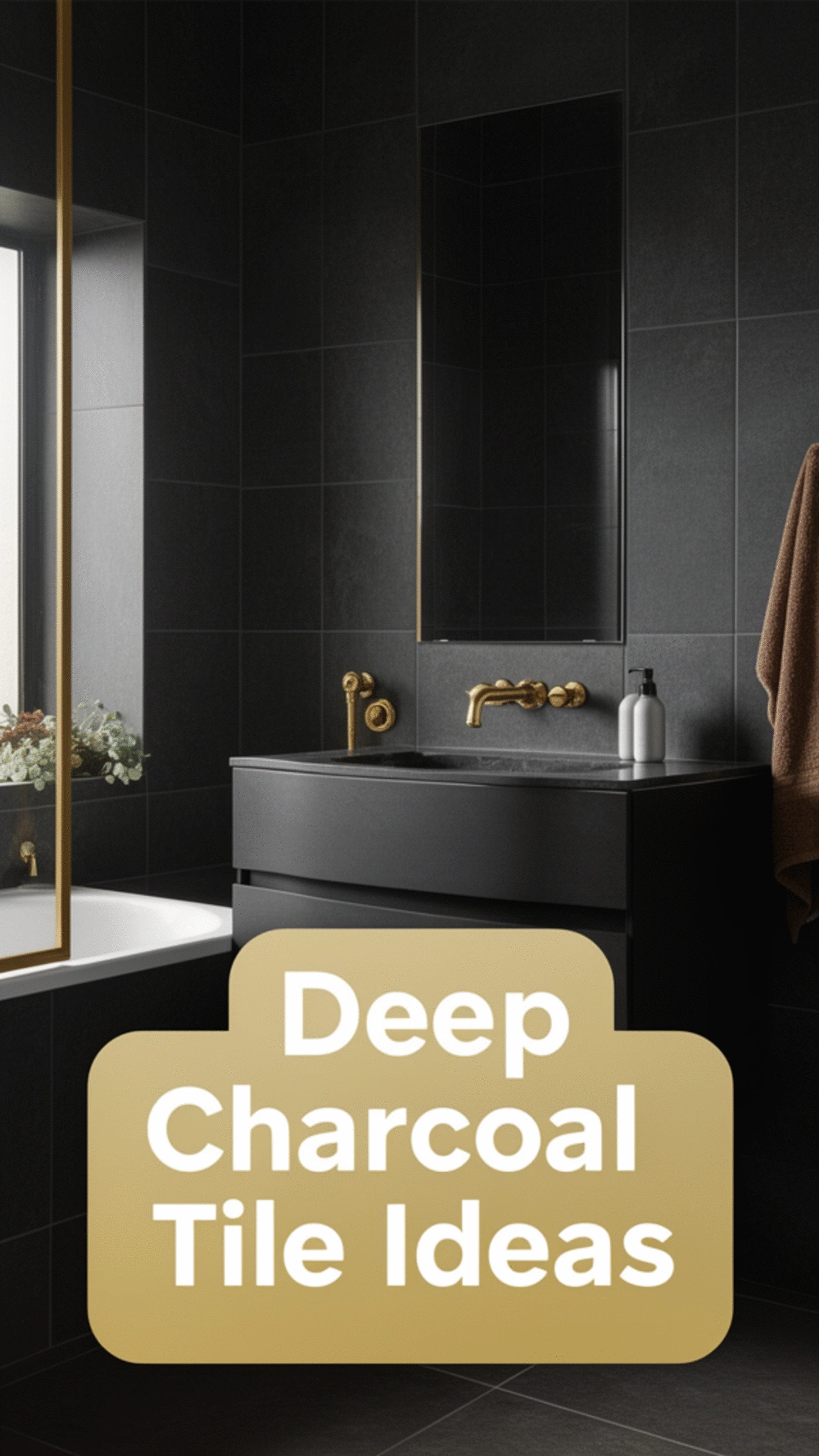 Bathroom Deep Charcoal Tile That Makes Brass Fixtures Glow