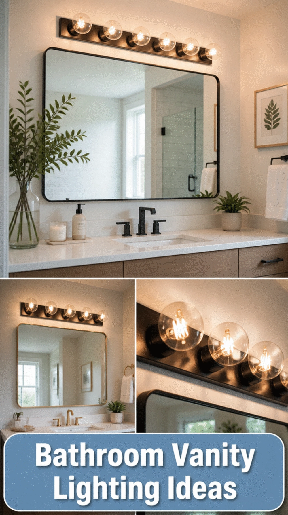 Bathroom Vanity Hollywood Light Bar with Exposed Globe Bulbs Above Mirror
