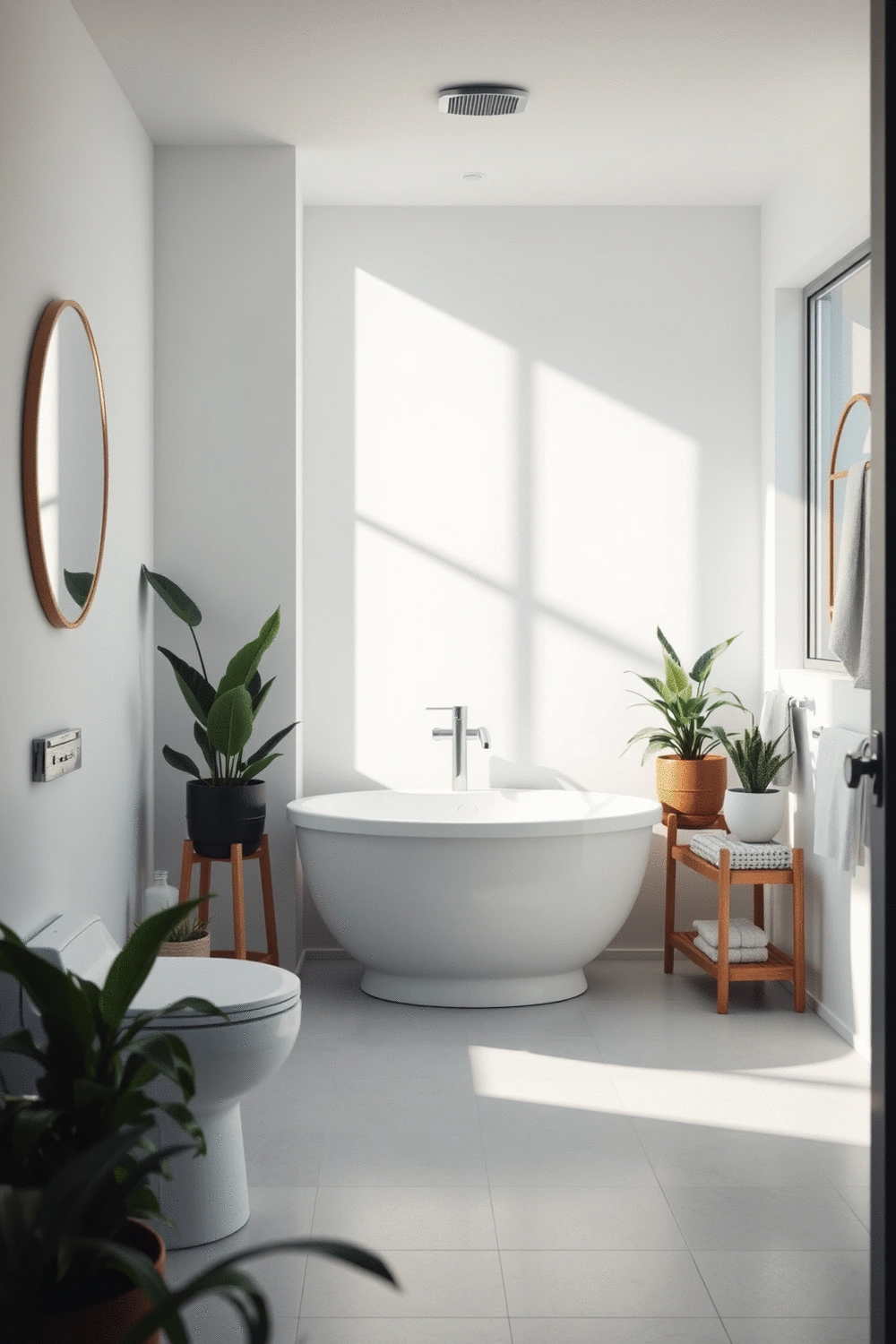 Bathroom with soft lighting, a few potted plants, and minimalist decor