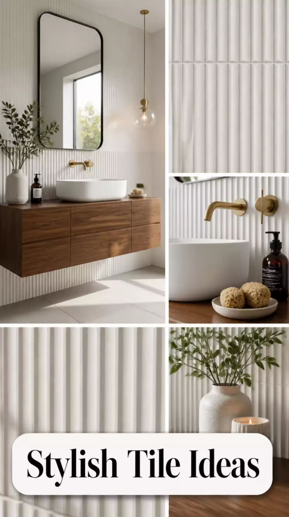 Bathroom Fluted Tile Feature Wall in Soft White Behind a Floating Vanity